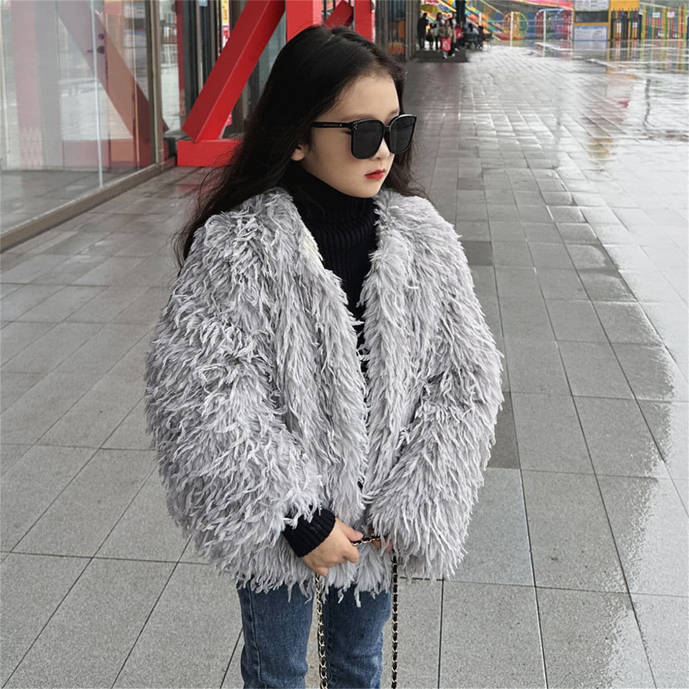 Girls' Faux Fur Jacket, Autumn/Winter New Style, Cotton-padded Jacket, Fleece Lined, Thickened, Light Luxury Style, Children's Faux Fur Cotton-padded Jacket for Medium and Large Children