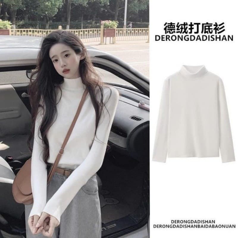 Slim slim inner warm German velvet bottoming T-shirt for women 2024 winter new style half turtleneck long-sleeved top