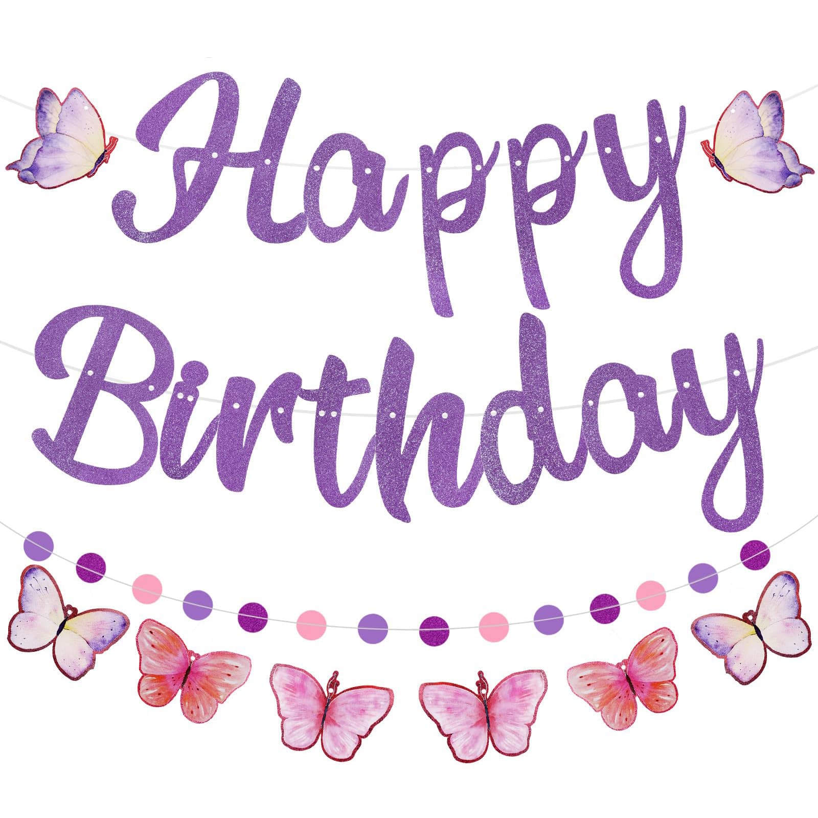 Happy Birthday Banner with Polka Dot Garland and Butterflies, Birthday Party Decorations for Women and Girls