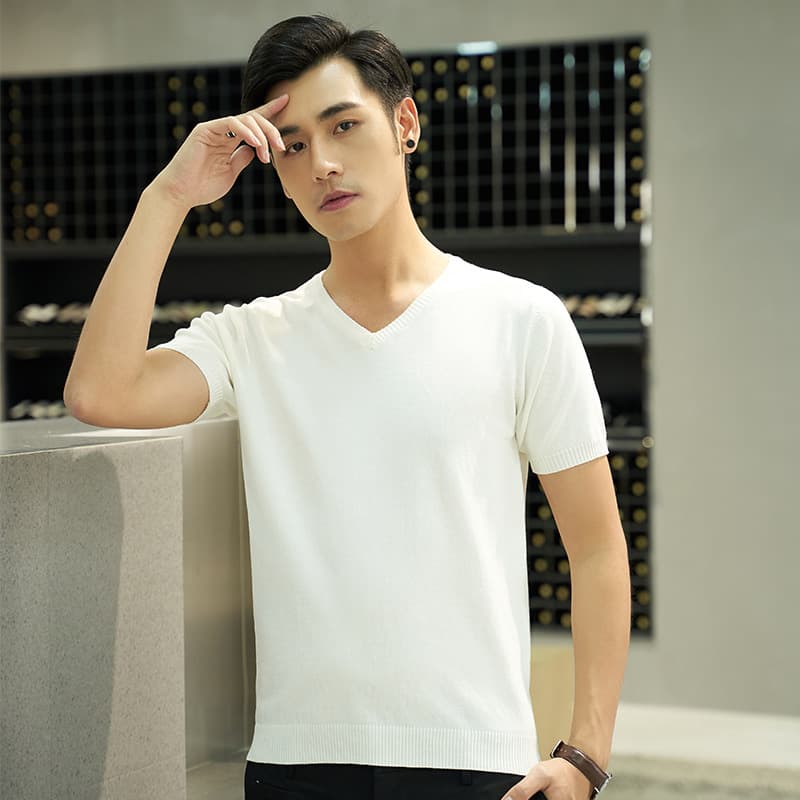 Men's Short-Sleeve Knit Sweater, V-Neck, Simple Casual Summer Half-Sleeve, Round Neck, Slim Fit, Thin Layering T-Shirt