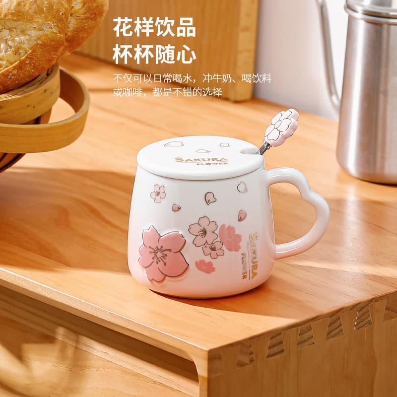 Girly Pink Sakura Ceramic Mark Cup Home Student Drinking Cup with Lid Spoon Couple Gift Flowers