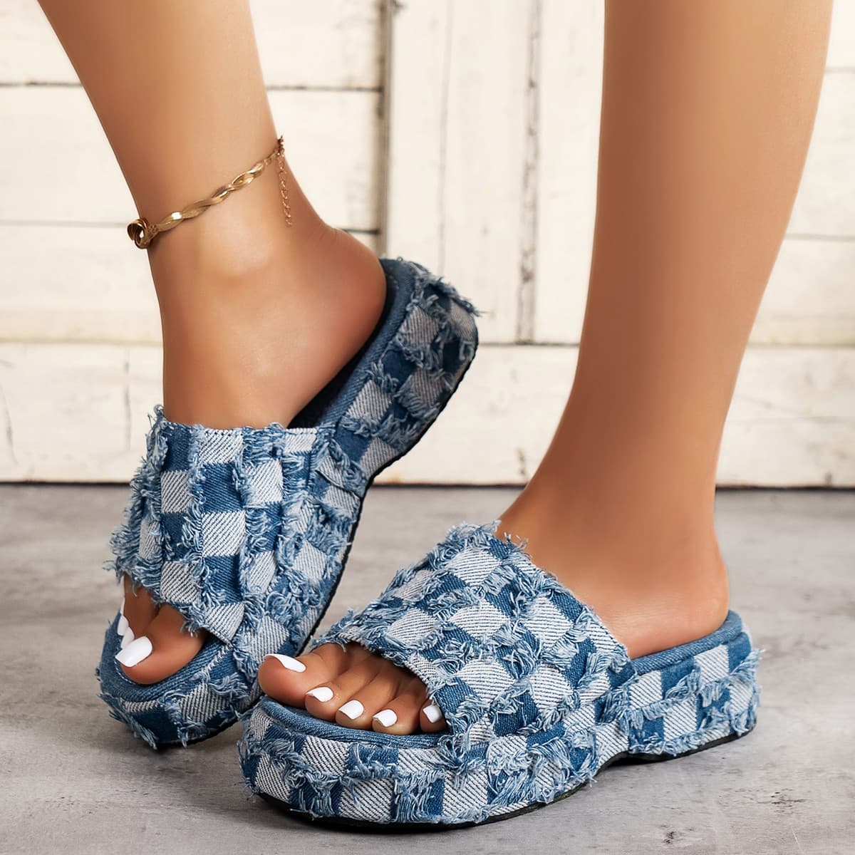 European and American Cross-Border Women's Shoes Summer New Wedge Heel Thick Sole Beach Outdoor Plaid Denim Slippers Foreign Trade Plus Size Women