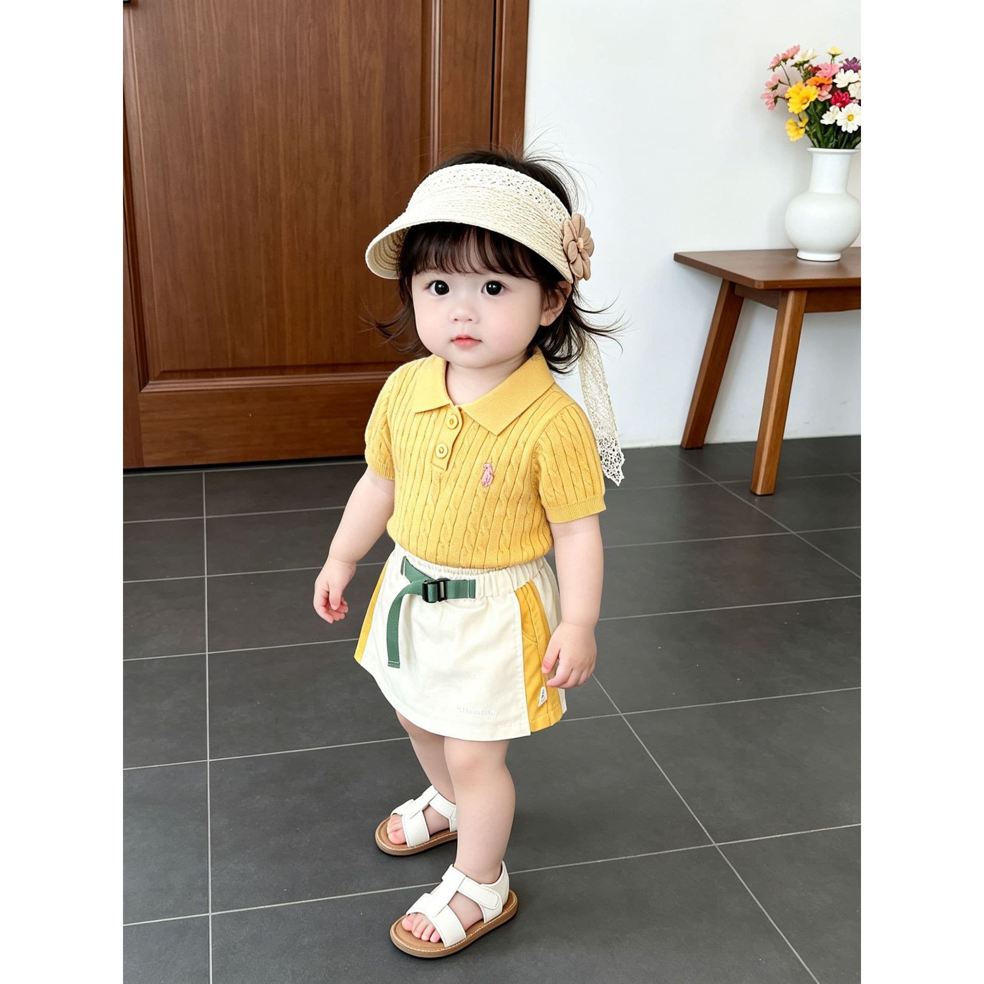 Summer children's dopamine thin knitted sweater new baby girl Korean style polo collar short-sleeved fashionable and versatile clothes