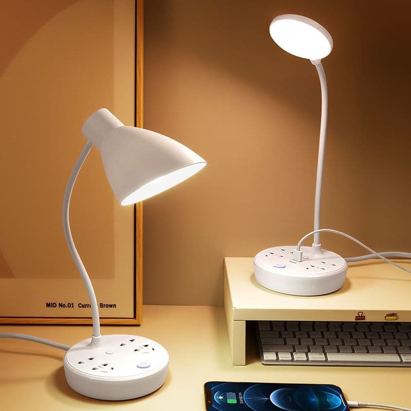 Replaceable Bulb Screw-Base LED Student Desk Lamp with Outlet, Multifunctional Study Office Bedside Light