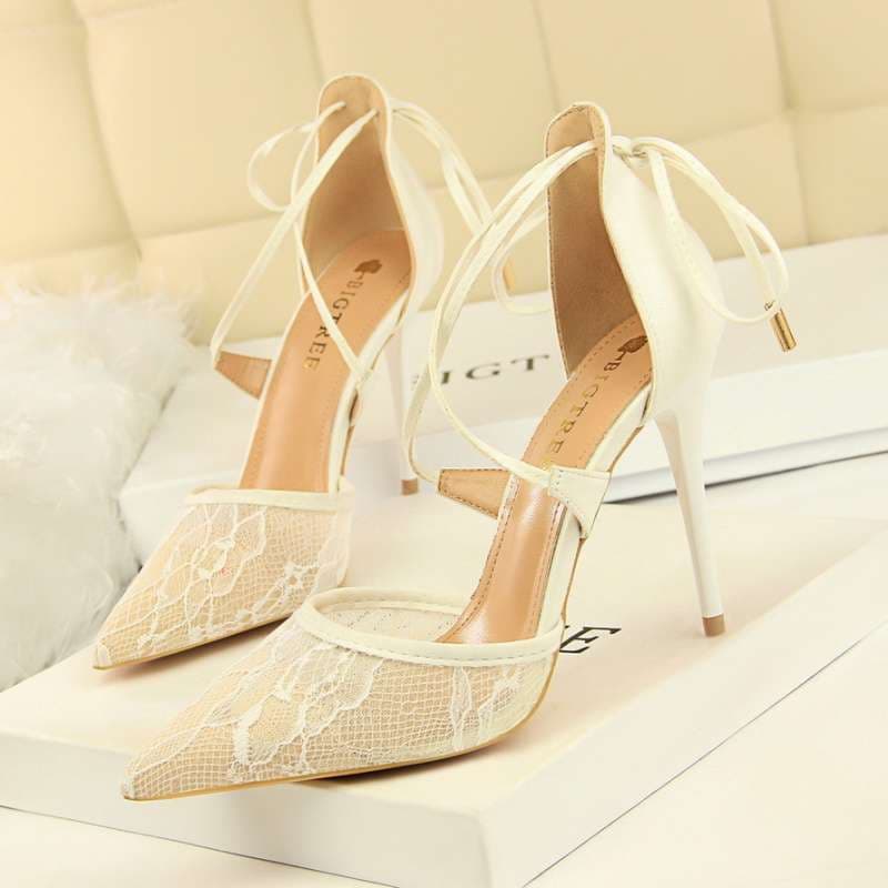 1627-6 European and American Style Sexy High Heels, Stiletto Heel, High Heel, Shallow Mouth, Pointed Toe, Mesh Lace Cross Strap Hollow Sandals