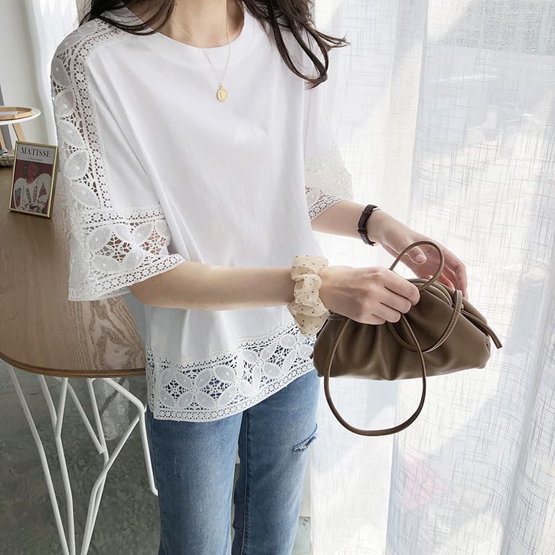European and American Summer Cross-border Round Neck White Hollow Lace Patchwork Half Sleeve Versatile T-Shirt Blouse Top for Women