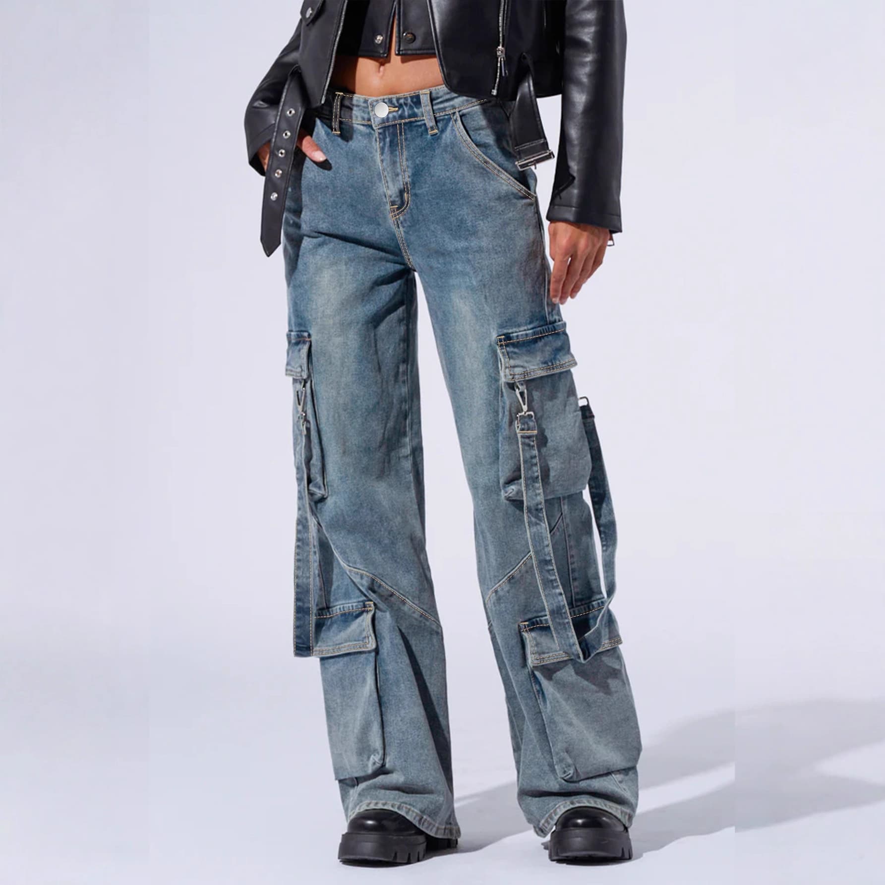 Cross-border European and American denim fashion multi-bag overalls wide-leg pants TEMU Amazon TK Xiyin OZON AliExpress