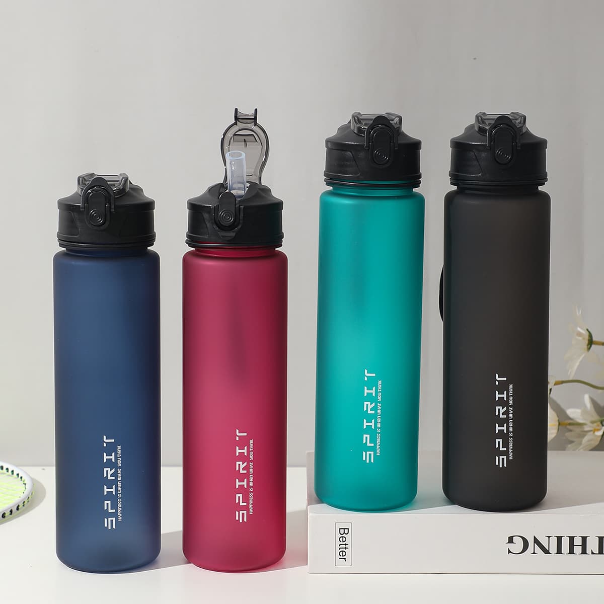 Cross-border Gradient Frosted Sports Water Bottle with Handle Strap, Portable Fitness Bottle 750ML with Straw, Space Cup