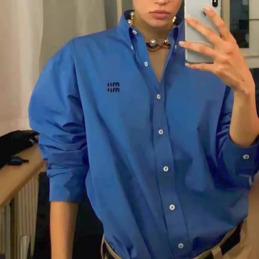Nanyou High-End Original Label SS24 Early Autumn New MIU Star and Influencer Same Style Men's and Women's Long-Sleeve Blue Shirt