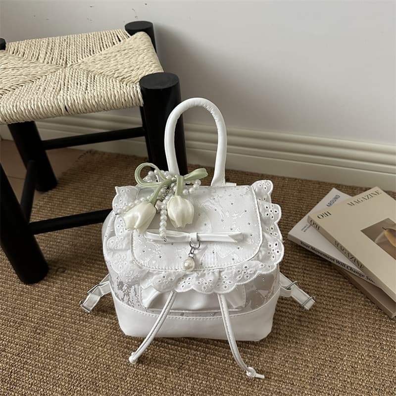 2026 New Korean-Style Lace Backpack for Women, Bowknot Campus Mini Backpack, Girly Commuter Bag with Charm