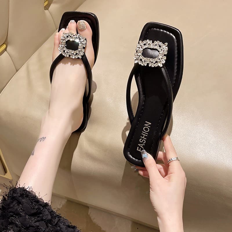 Square Buckle Rhinestone Flat Thong Sandals for Women Korean Fashion Toe Separator Slippers Home Slippers Women's Slippers