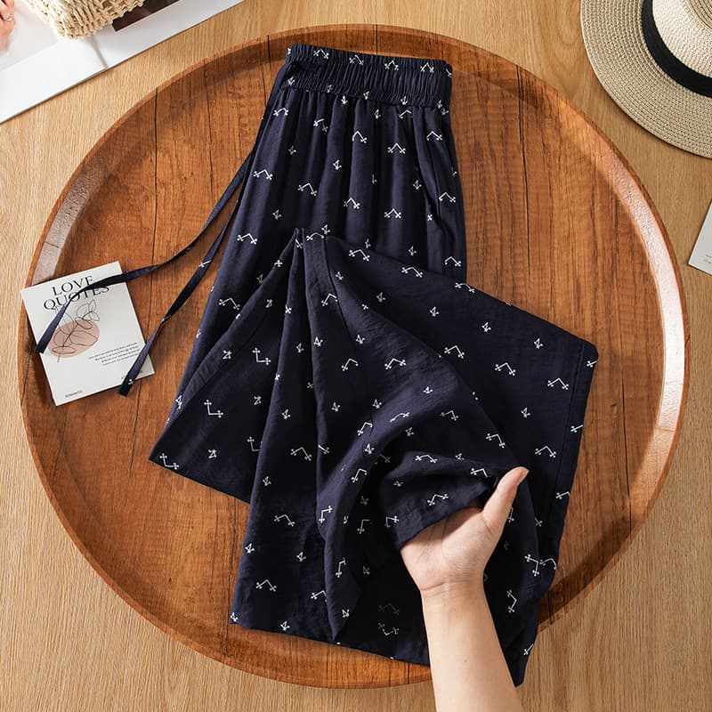 Ice Silk Floral Wide Leg Pants Women's Summer Lightweight Breathable High Waist Straight Pants 2026 New Women's Elastic Casual Pants