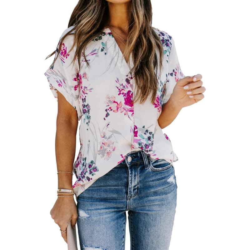 Women Summer Casual Split V-Neckline Floral Chiffon Blouses