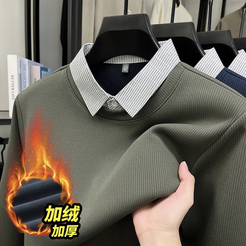 2025 New Autumn/Winter Men's Two-in-One Solid Color Business Casual Fashion Shirt Collar Long Sleeve Knitted Sweater