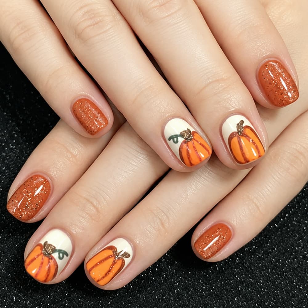 Halloween Style Short Square Nails, Pumpkin Glitter, Simple and Stylish Nail Art, Removable 24-Piece Fake Nails