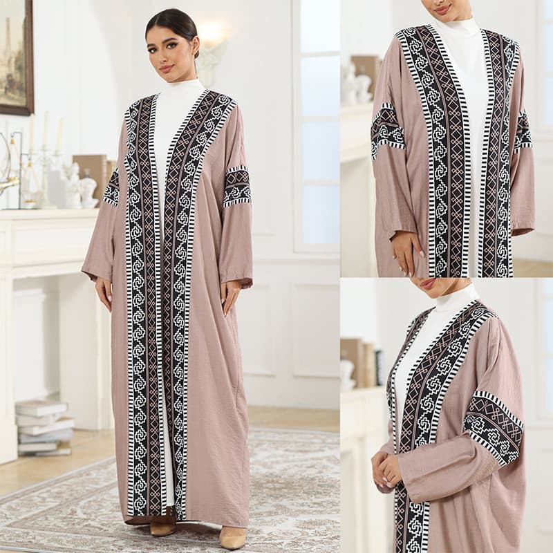 Modest Ethnic Style Long Cardigan Dress with Flared Hem, Fashion Print with Headscarf