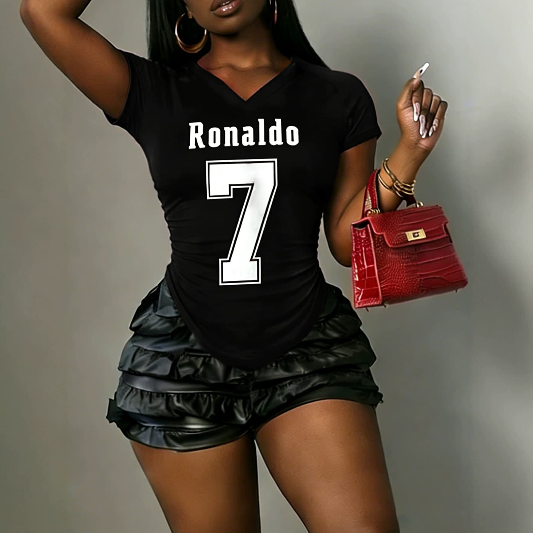 2026 European and American Cross-Border Summer New Sexy Style Ronaldo No.7 Print V-Neck Short Sleeve T-Shirt, Slim Fit and Figure-Flattering