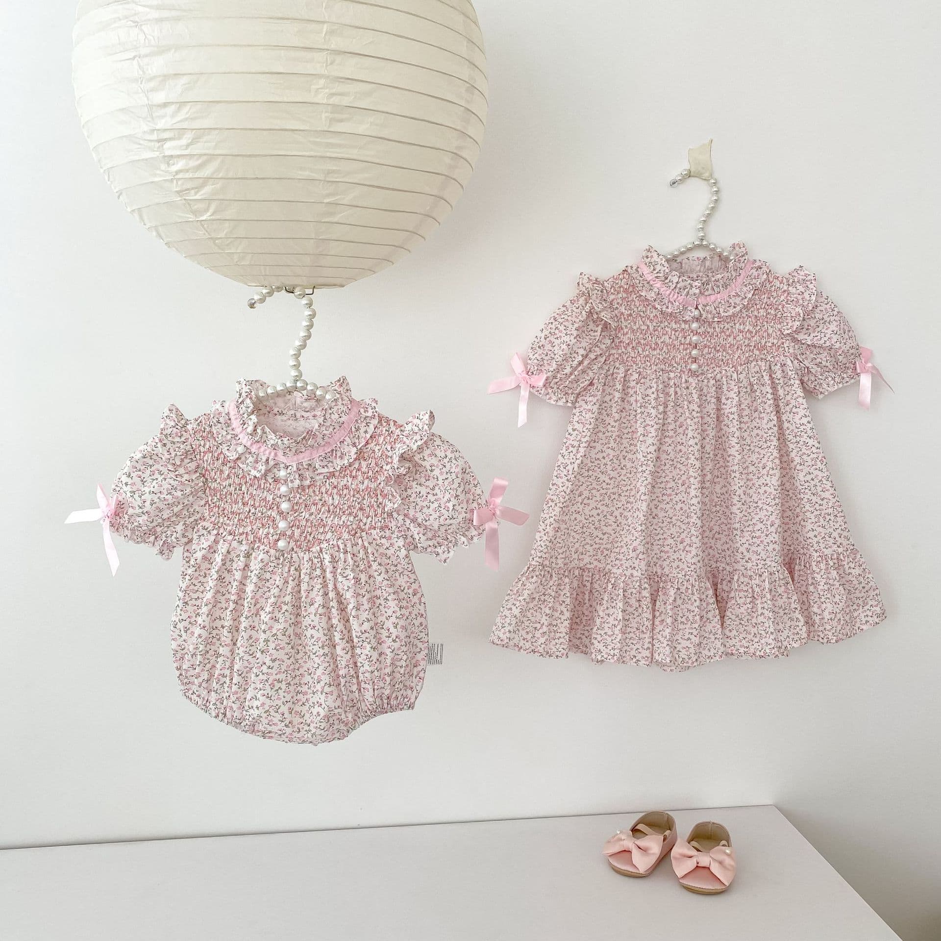 Summer new baby sweet girl sister outfit small floral lace crawlsuit + short-sleeved floral dress