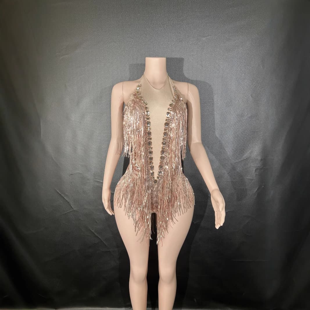 Euro-American Dance Sexy Sparkling Rhinestone Elastic Glitter Fringe Jumpsuit Stage Performance Commercial Show Party Tight