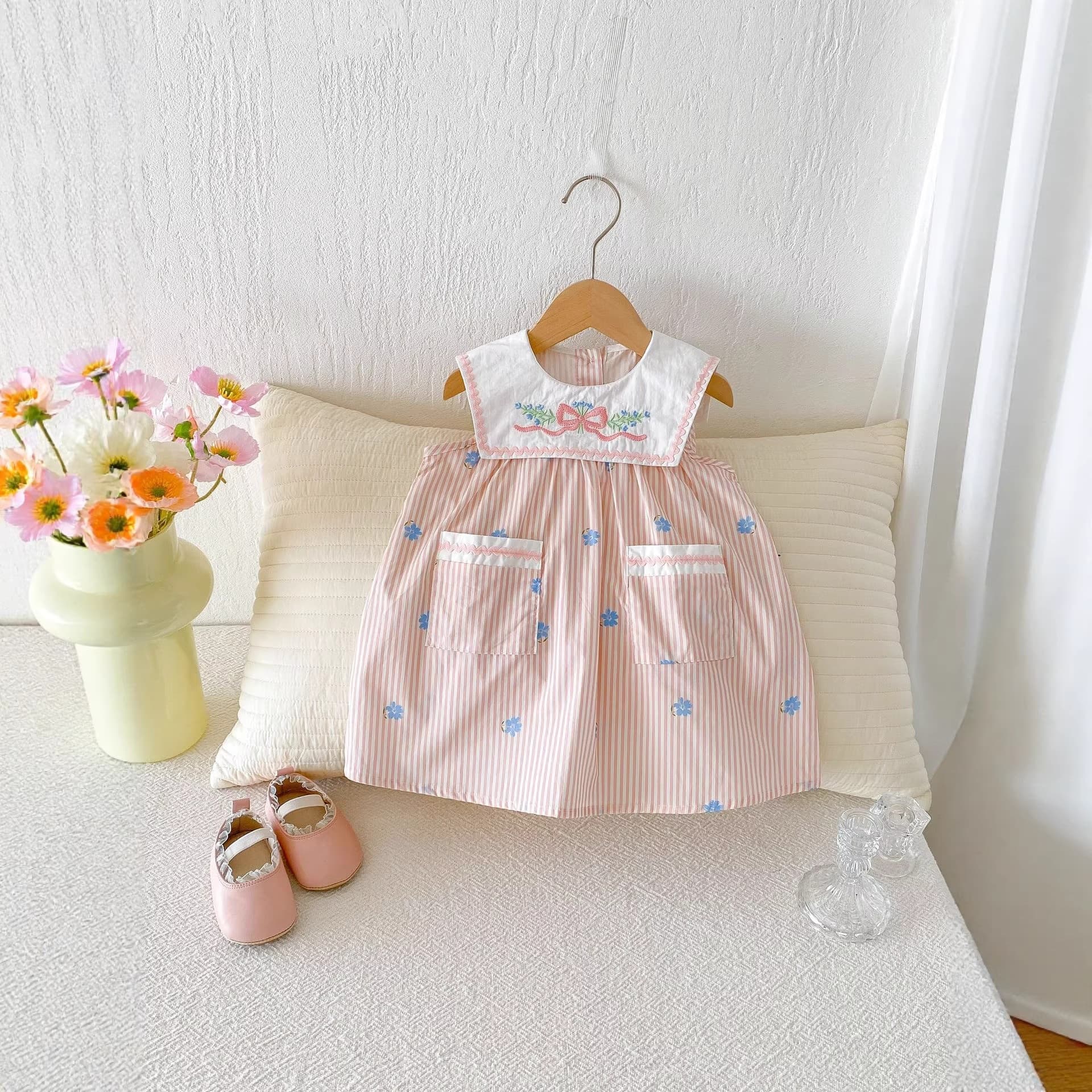 Summer Pink Princess Dress Striped Sleeveless Baby Girl Dress Embroidered Bow Infant Vest Dress