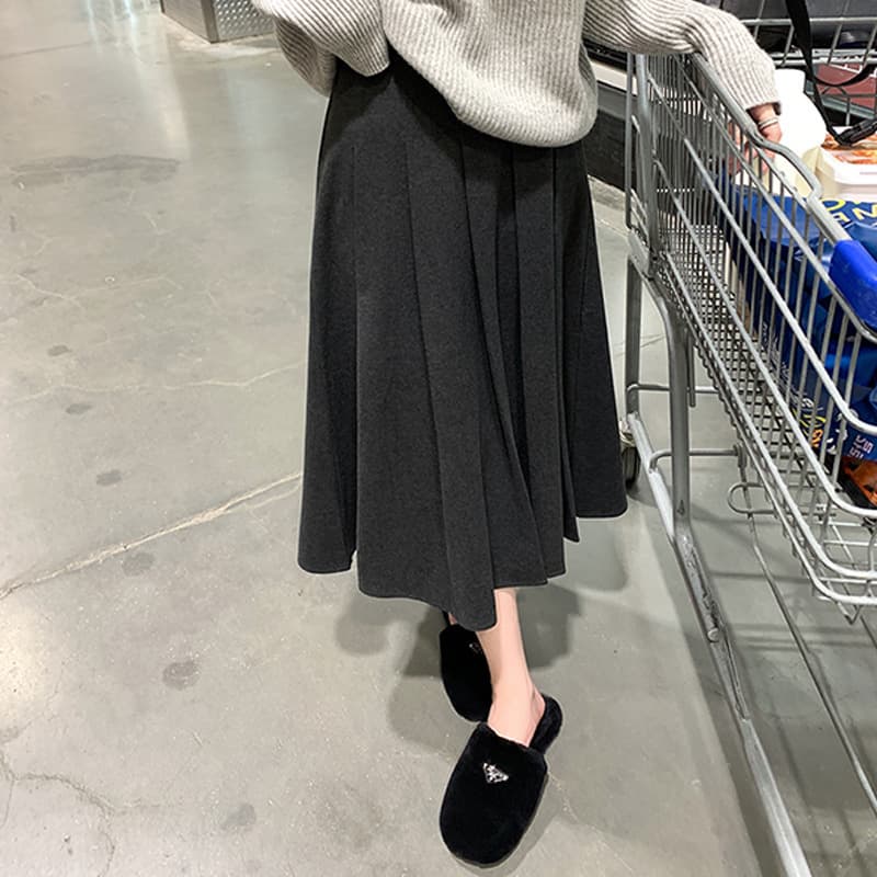 Maternity Autumn/Winter Maternity Band Half Skirt, Loose Plus Size Slimming High-Waist Hip-Covering A-Line Wool Blend Pleated Skirt, Mid-Length Black