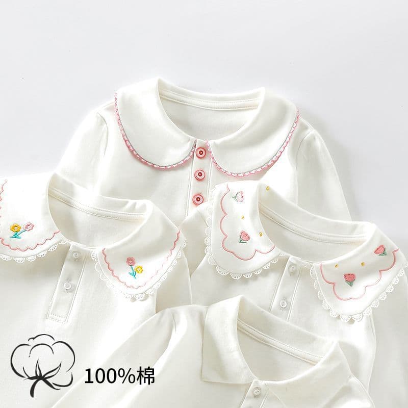 Children's Spring/Autumn Solid Color Polo Shirt with Collar, Girls' Cotton White Shirt, Middle and Older Kids Long-Sleeve T-Shirt Top