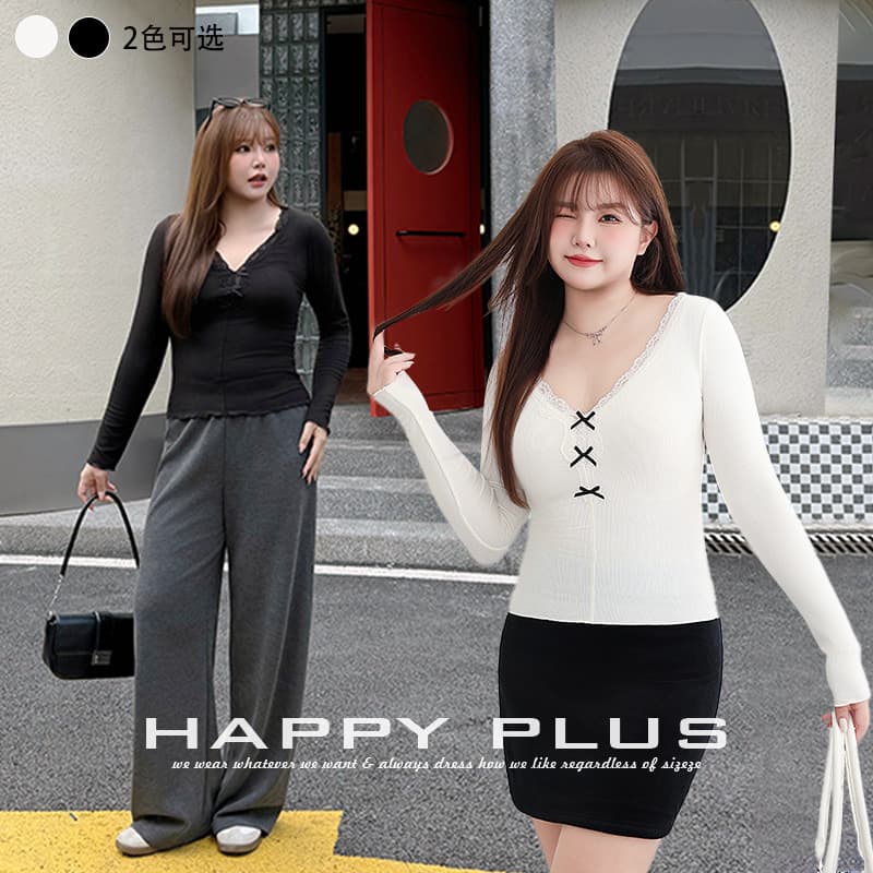Graceful Waist-cinching Bow V-neck Base Top Runqi 9037 Plus-size Hot Girl Merino Wool Solid Color Innerwear
