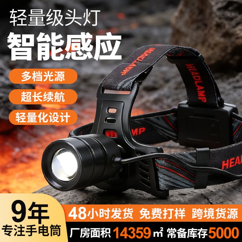 New Cross-border Strong Beam Headlamp LED Zoomable USB Rechargeable Headband Flashlight Outdoor Fishing Light