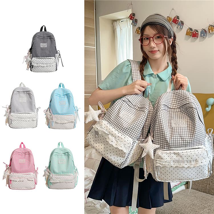 Korean-style fresh plaid polka dot lace trim girly travel backpack sweet style student bag