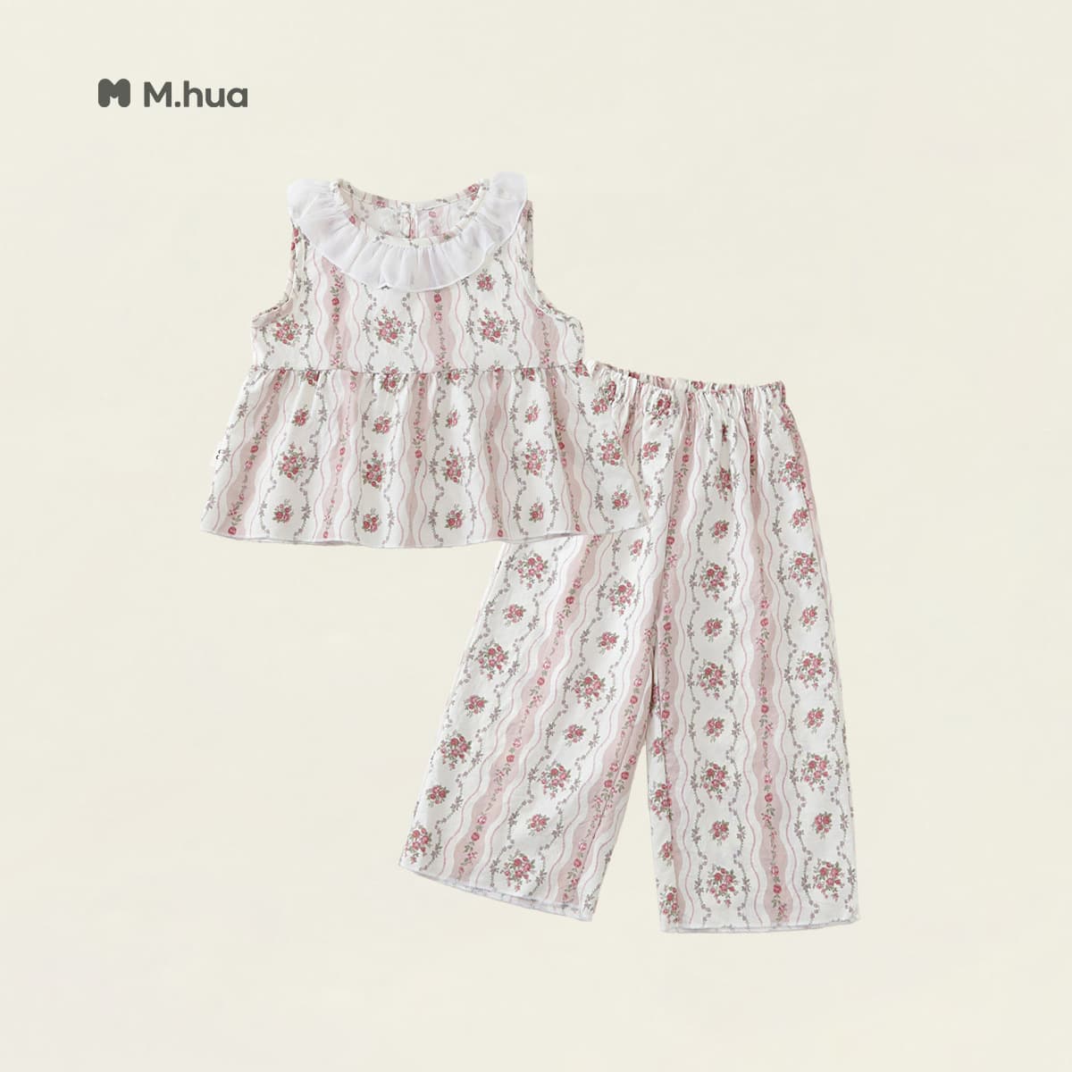 Girls' Two-Piece Set Doll Collar Spliced Sleeveless Top Wide-Leg Pants 26 Summer New Soft Skin-Friendly Floral Two-Piece Set