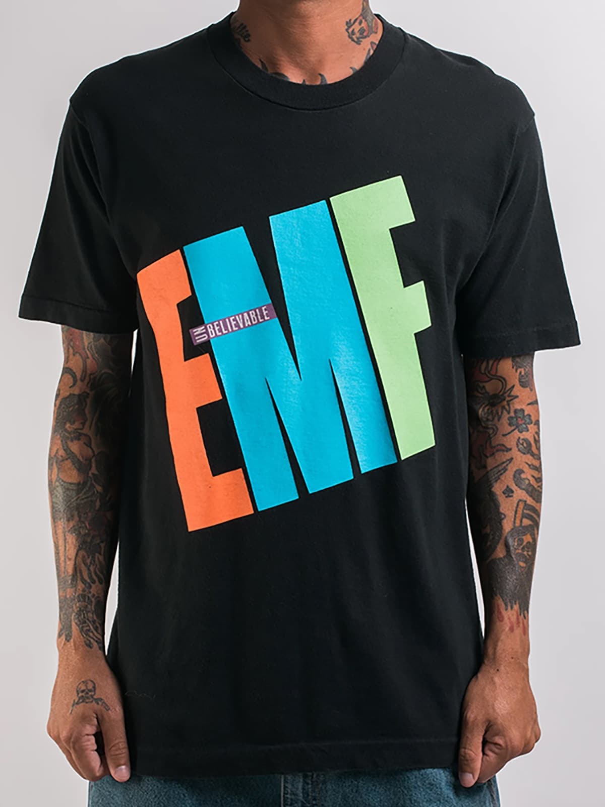 British band EMF's incredible Unbelievable album rock American loose direct spray men's and women's T-shirt