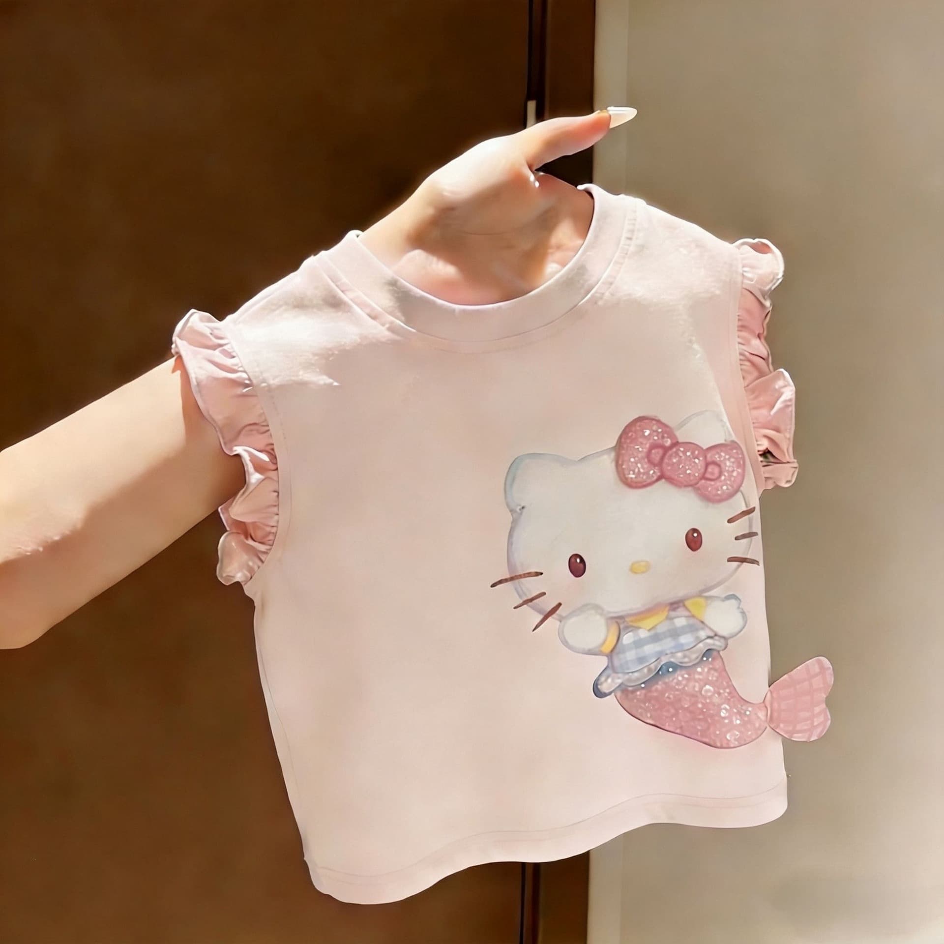 Cotton Girls' Summer Kt Mermaid Sleeveless T-Shirt New Style Children's Trendy 3D Cartoon Sweet Top for Babies