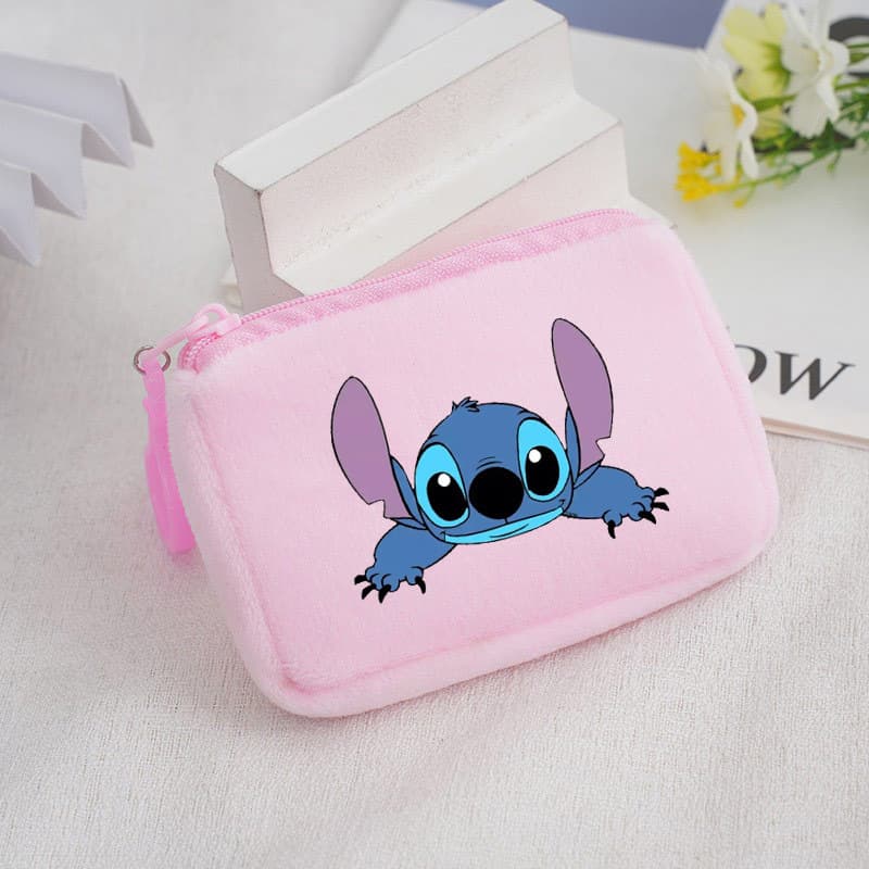 Stitch Cartoon Print Girls' Cosmetic Bag with Keychain Pendant, Student Key Coin Purse