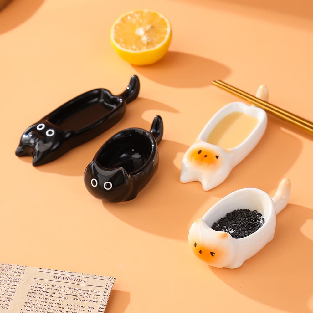 Cute Hand-Painted Ceramic Dish Creative Home Cat-Shaped Chopstick Rest Vinegar Oil Dish Hot Pot Sauce Seasoning Plate