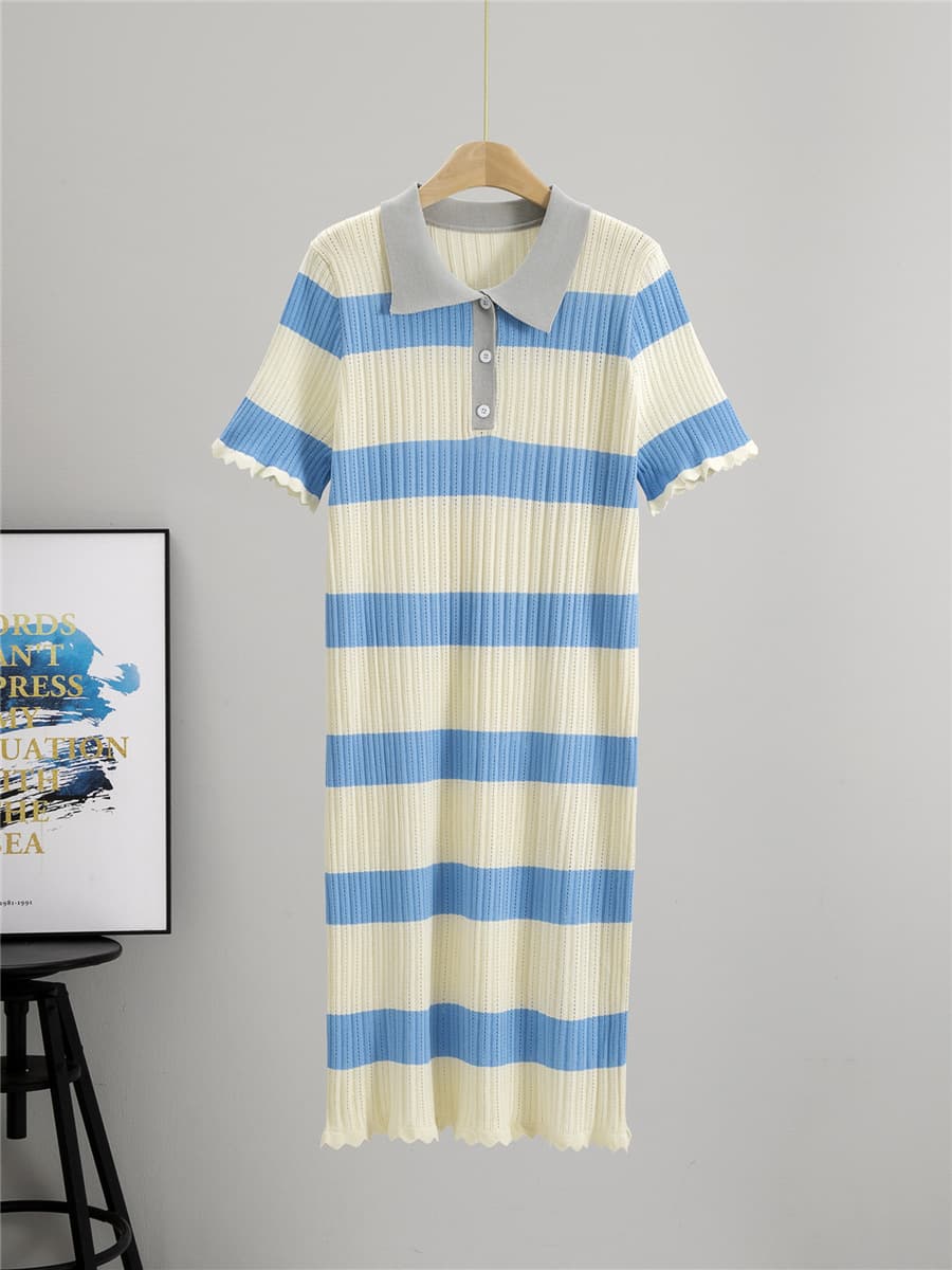 Amazon Polo Collar Mid-Length Striped Dress for Women, Summer Style, Casual, Versatile, Simple, Elegant, Thin Lapel Dress