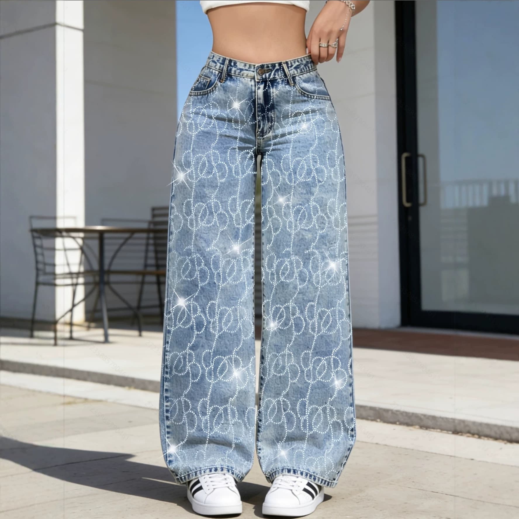 Womejeans new trendy baby's breath hot diamond jeans design heavy bright diamond loose straight wide leg pants