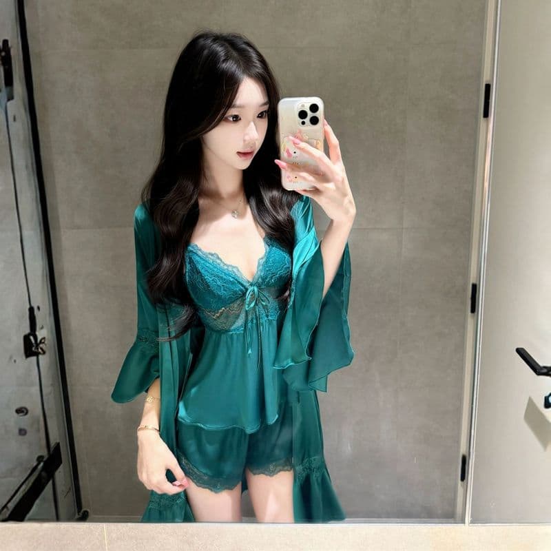 Sexy Sleepwear Set with Padded Cups, Backless Camisole, Lace Robe, Satin Shorts, and Pure Desire Style
