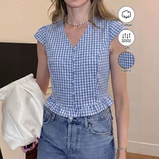 Blue White Gingham V Neck Butterfly Sleeve Top Cotton Fitted Waist Ruffle Hem Crop Blouse