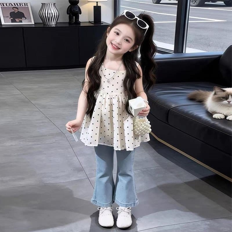 Sweet Polka Dot Dress Summer New Girls Korean Style Doll Top with Rhinestone Jeans Two-Piece Set