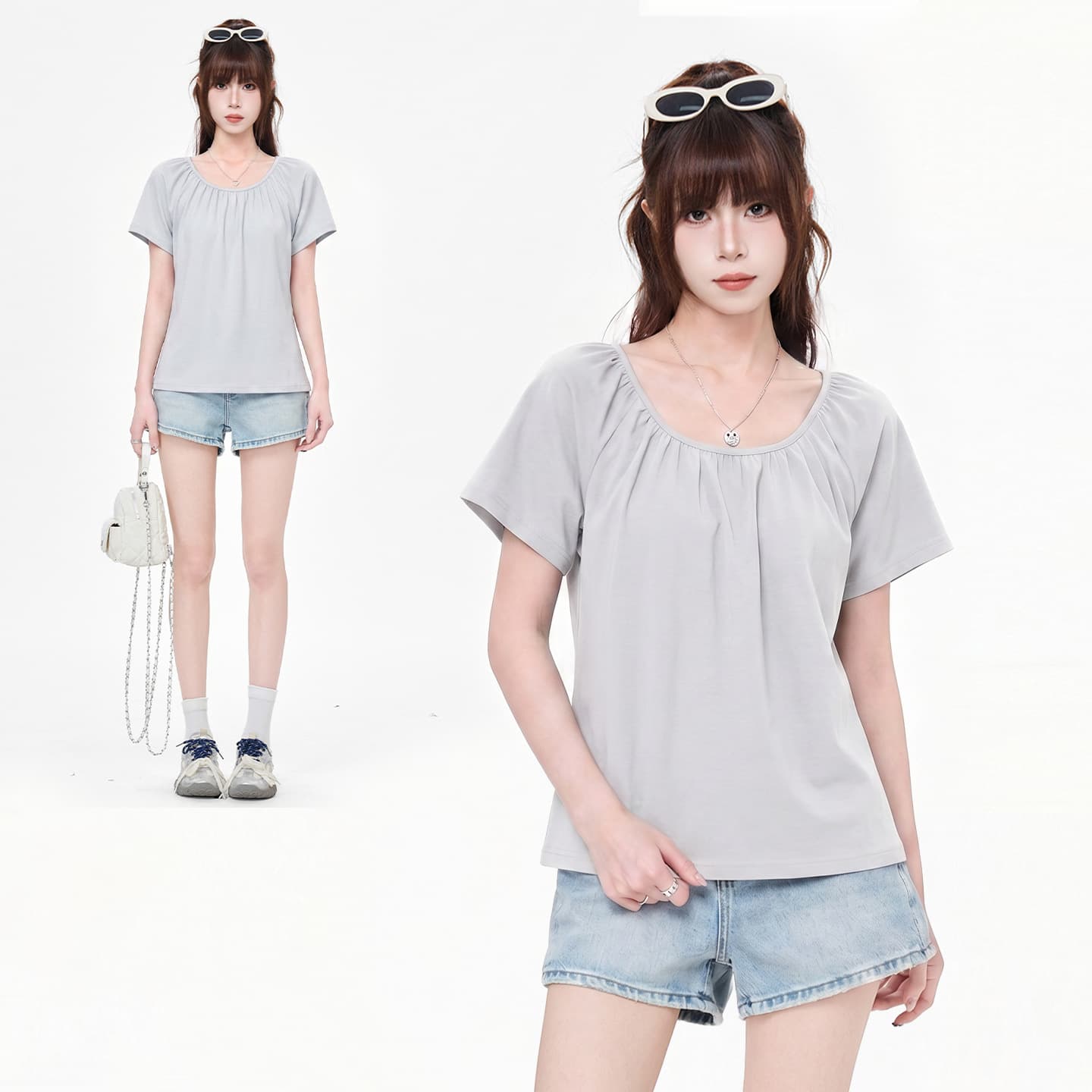 Korean-style light blue U-neck pleated short-sleeve T-shirt for women, 2026 summer new arrival, lazy style loose fit slimming top