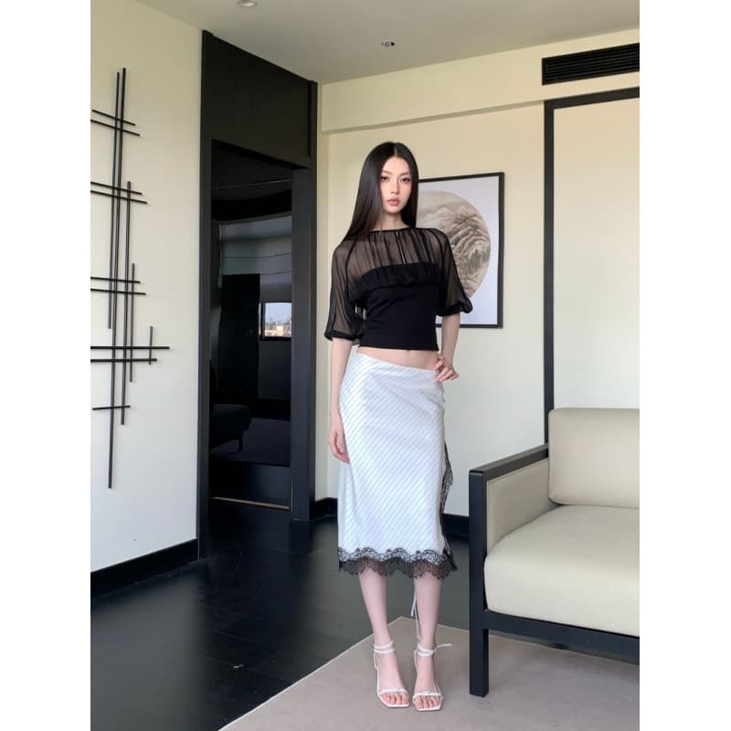 Sweetheart Black and White Striped Lace Panel Tie Knee-Length Skirt