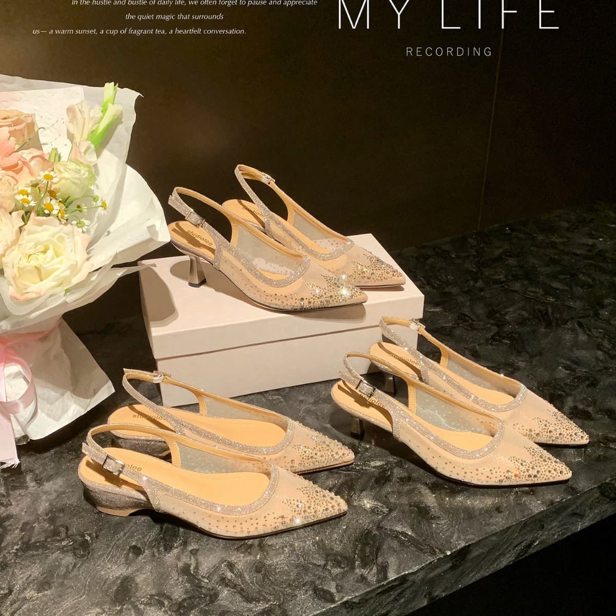 2026 Grape Ma Same Style Closed-Toe Sandals for Women, Chunky Heel, Stunning Fairy Style, Sparkling Mesh, Open-Back High Heel Shoes