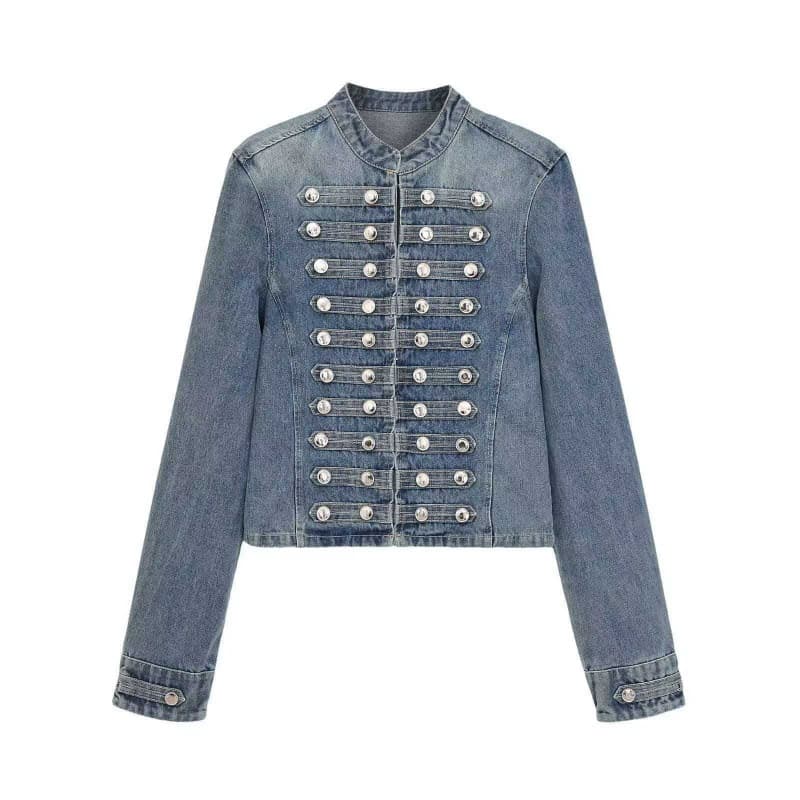 ZA AliExpress Bestseller Cross-border Women's Fall Vintage Double-breasted Metal Button Stand Collar Denim Jacket