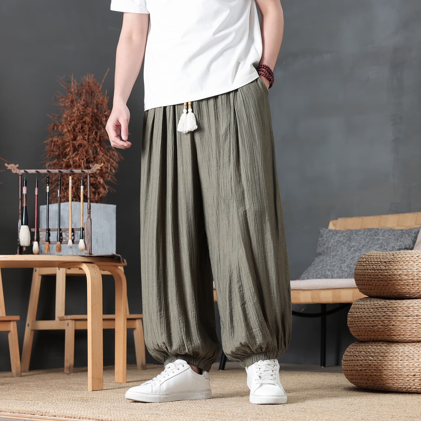2026 Summer Thin Chinese Style Men's Ice Silk Harem Bloomers Plus Size Loose Linen Breathable Casual Pants