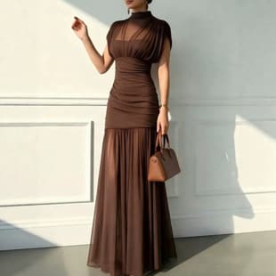 Long Bodycon Sleeveless High Neck Solid Color Chiffon Dress for Daily Wear, Prom, Party, Evening