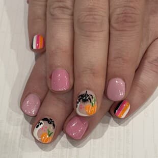 Nude Pink Glitter Short Square Wearable Nails Hand-painted Pumpkin Spider Color Block French Style Gentle Girl Halloween Short Nails