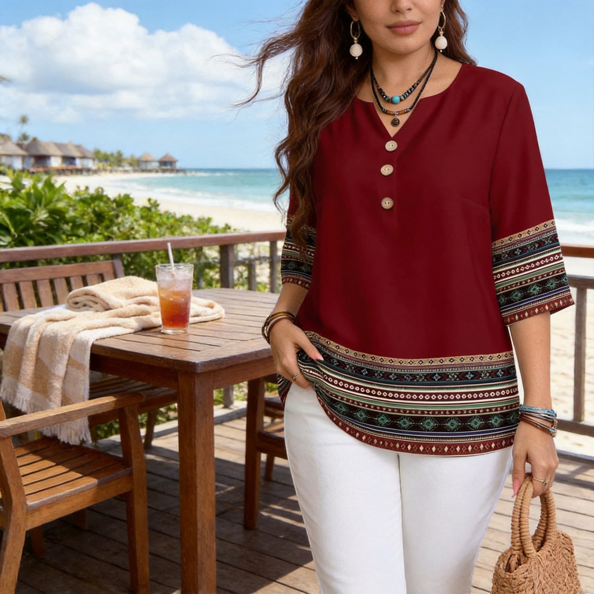Plus Size Women's Cross-Border Casual All-Over Print V-Neck Button Trim Loose Short Sleeve Shirt 2026 Spring/Summer T-Shirt