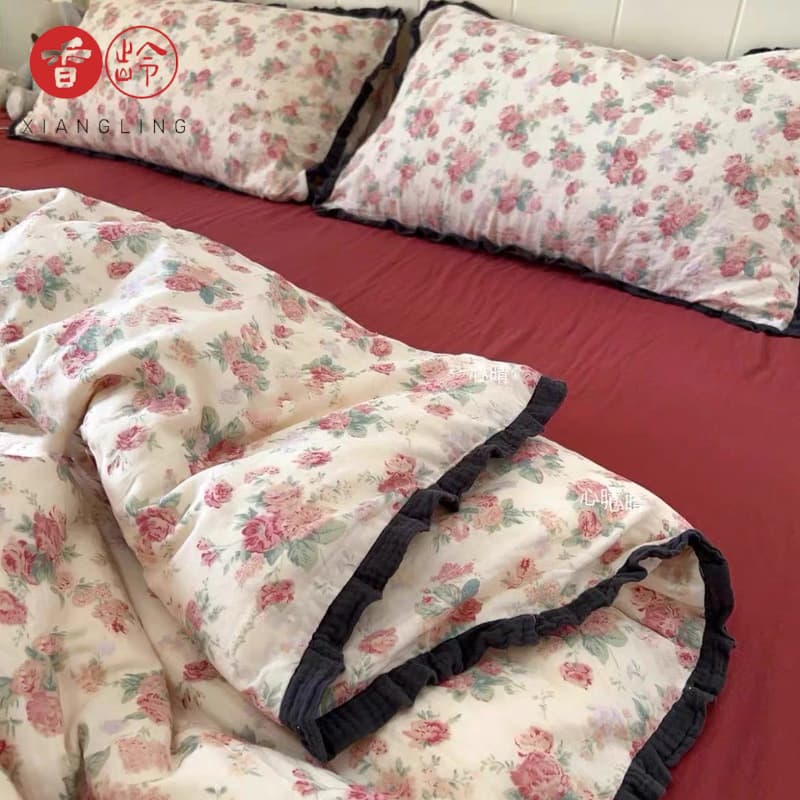 French Full Cotton Double-Layer Gauze Ruffle Four-Piece Set Class A Mother-Baby Pure Cotton Gauze Student Dormitory Three-Piece Set
