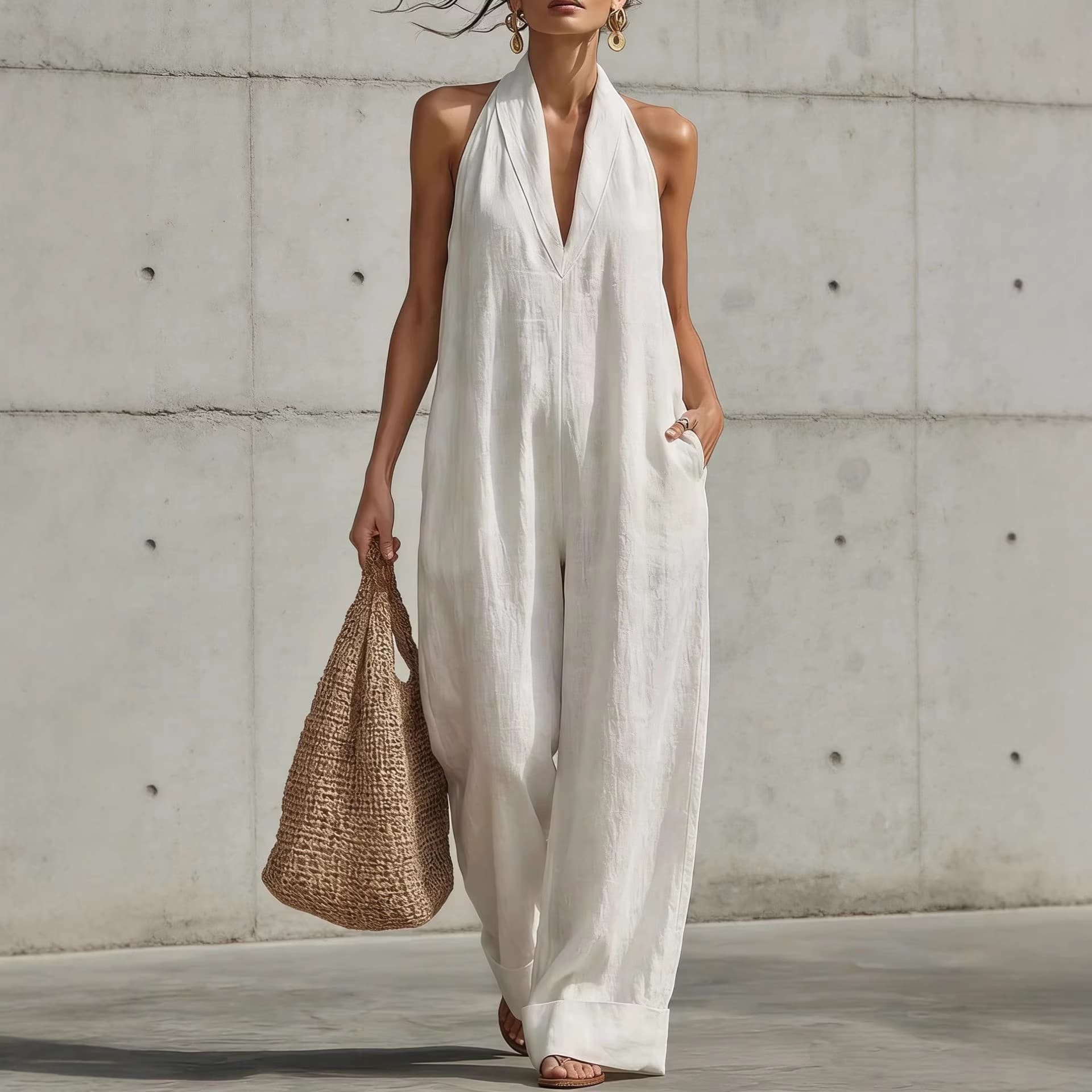 In Stock 2026 Amazon European and American Cross-Border Spring/Summer New Cotton Linen Simple Elegant Sleeveless Casual Jumpsuit for Women