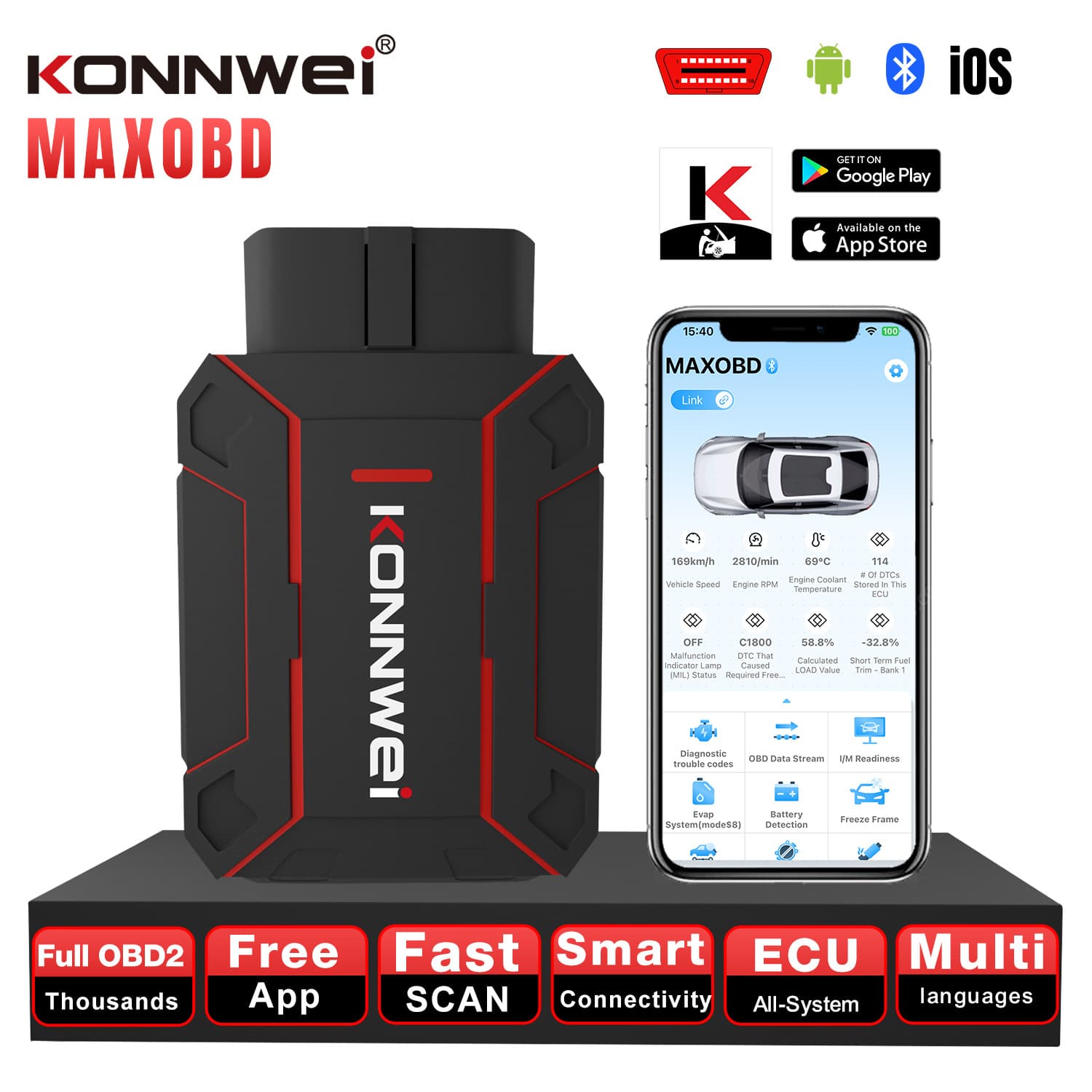 KONNWEI New Maxobd OBD2 Scanner Full-Function Automotive Diagnostic Scanner with Free APP